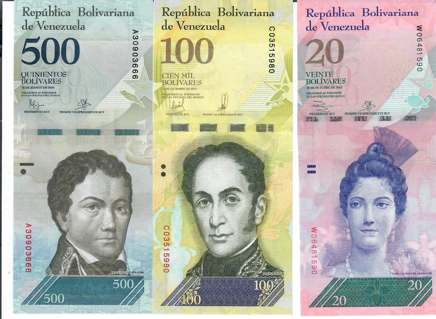 Venezuela 20, 100, 500 Bolivares 2013, 2016, 2017 Banknote