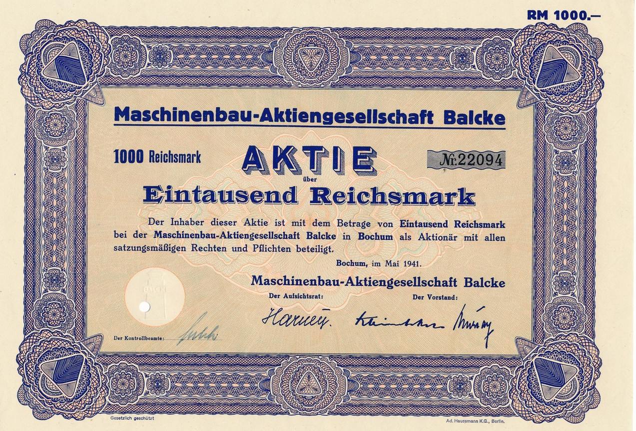 Bochum 1000 Reichsmark 1941 Historische Aktie Maschinenbau Ag Balcke Leicht Gebraucht Ma Shops