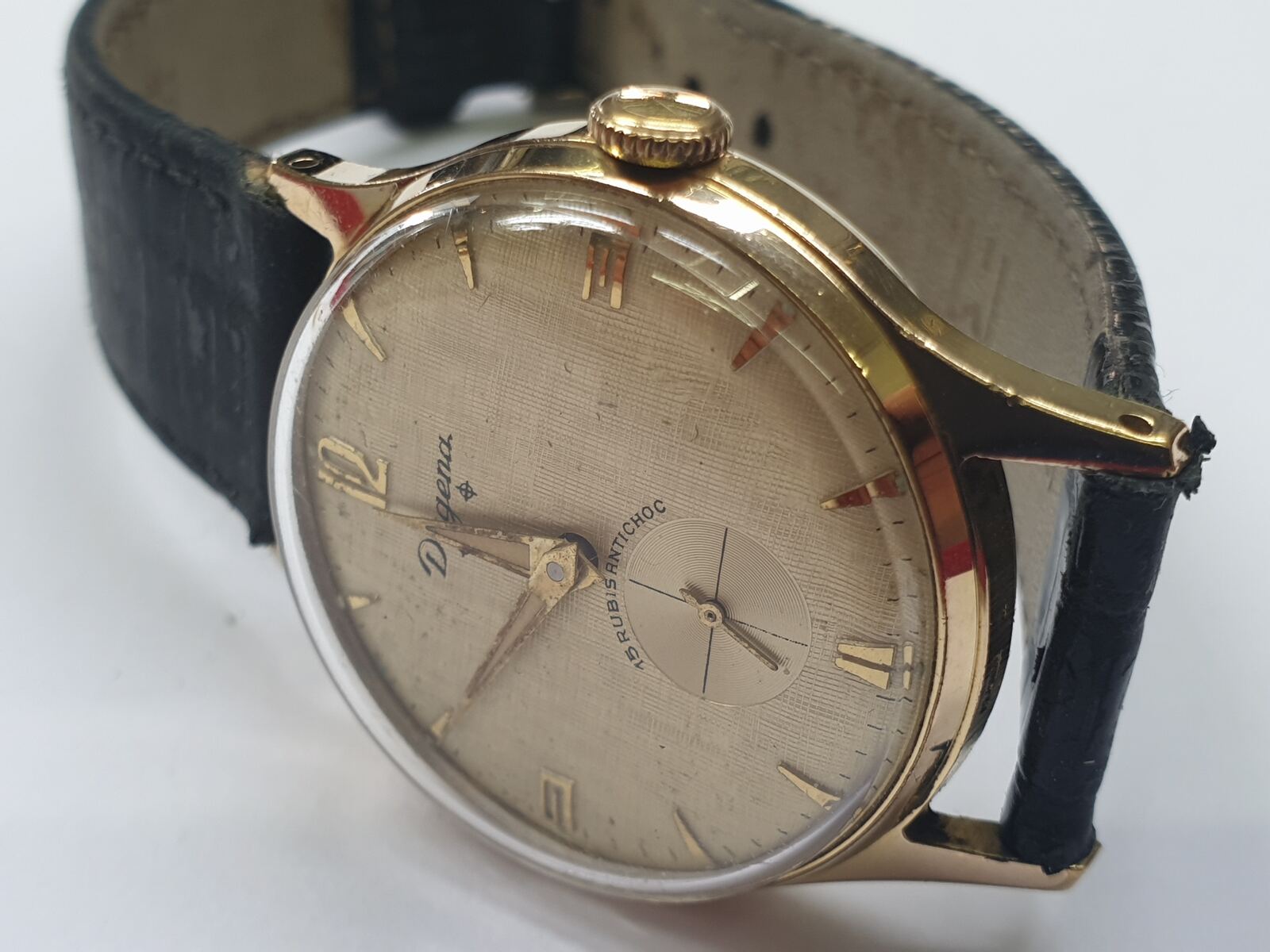 mechanische Herrenuhr vintage aus den 1960-1970 er Jahr DUGENA 15 Rubis  Herrenarmbanduhr Uhr Handaufzug getragen, mit Gebrauchsspuren