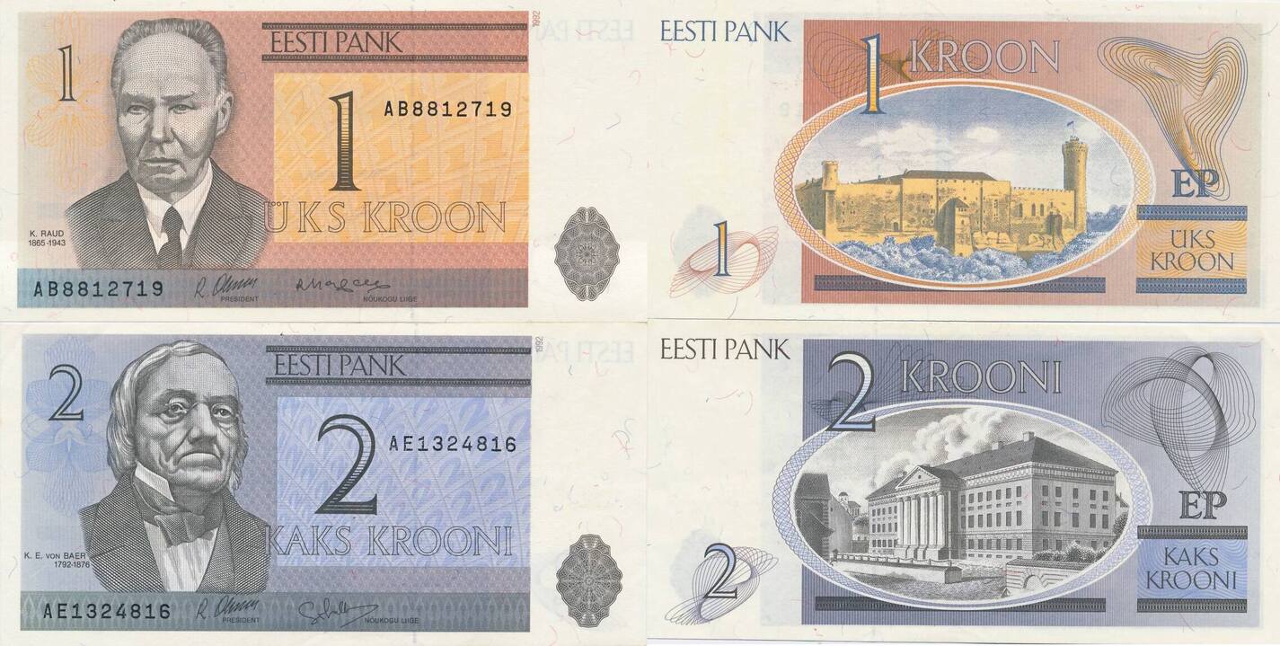 Estland - Eesti - Estonia 1 Kroon Und 2 Krooni 1992 Geldschein Banknote ...