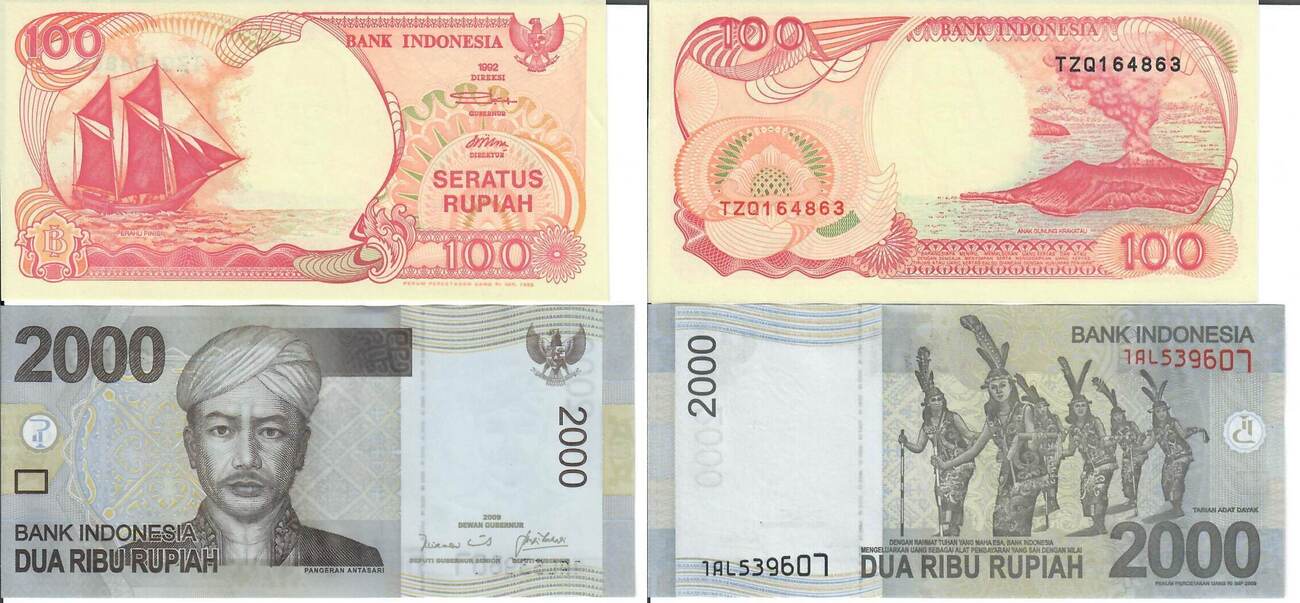 Indonesien Banknote Geldscheine 100 Und 2000 Rupiah 1992 Und 2009 Unc 2 Scheine Unc Ganz