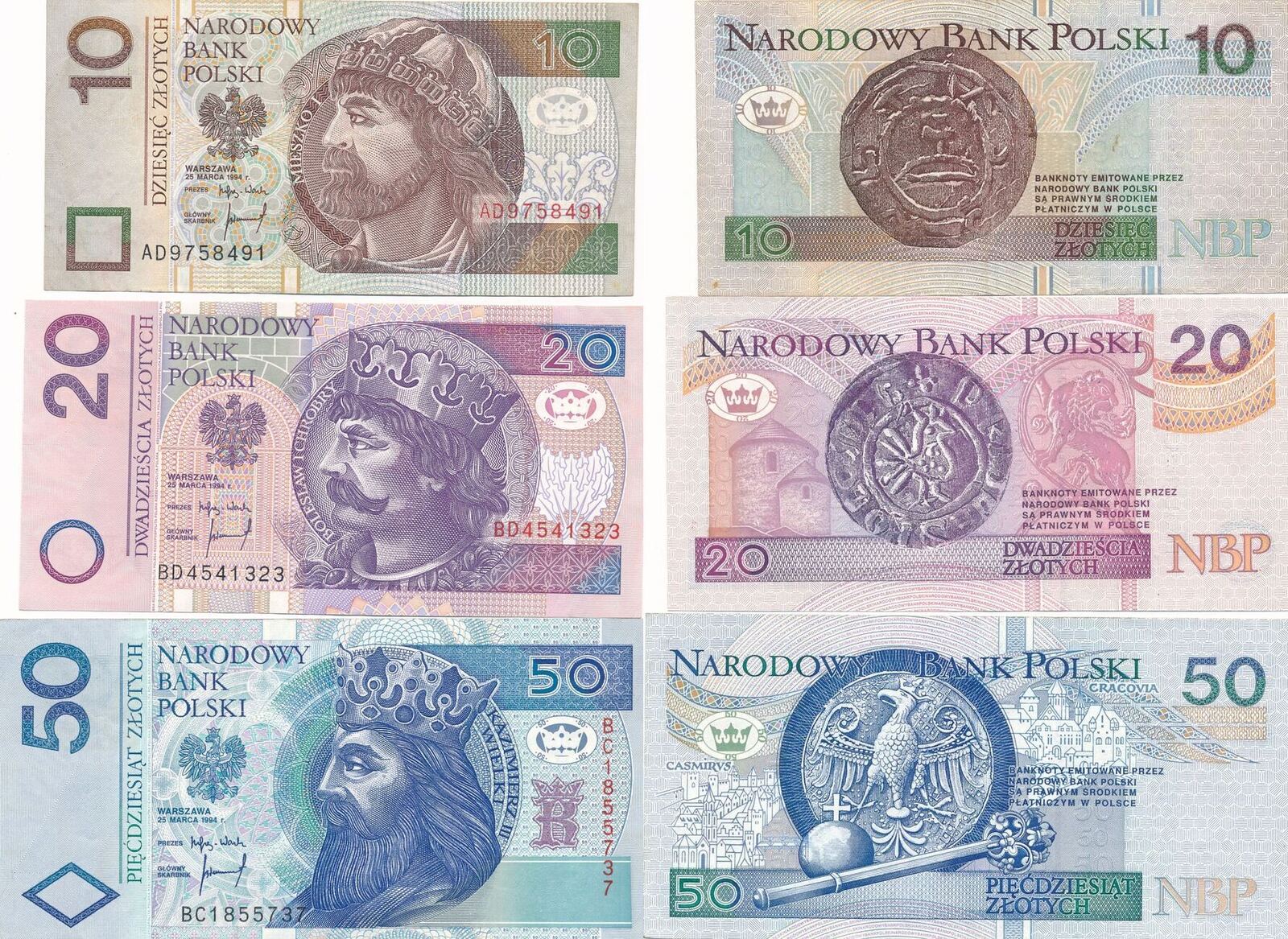 Polen 10 20 50 Zloty Zlotych 1994 3x Banknoten Scheine Lot Unc MA 