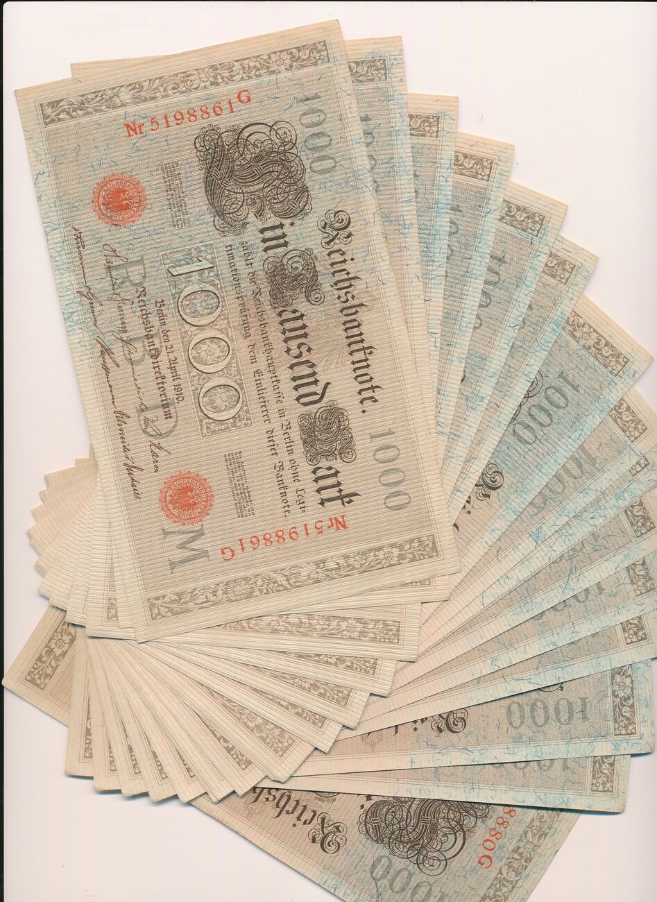 Reichsbanknote 1000 Mark 1910 Rotes Siegel Wert Deutsches Reich Deutschland 1000 Mark Reichsbanknote, 20 Stück 1910