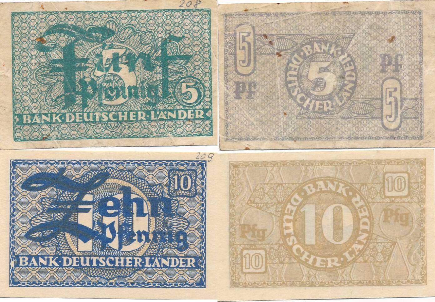 Deutschland BRD Bank Deutscher Länder 5 + 10 Pfennig o.D. (19481949) 2x Banknoten, Scheine I