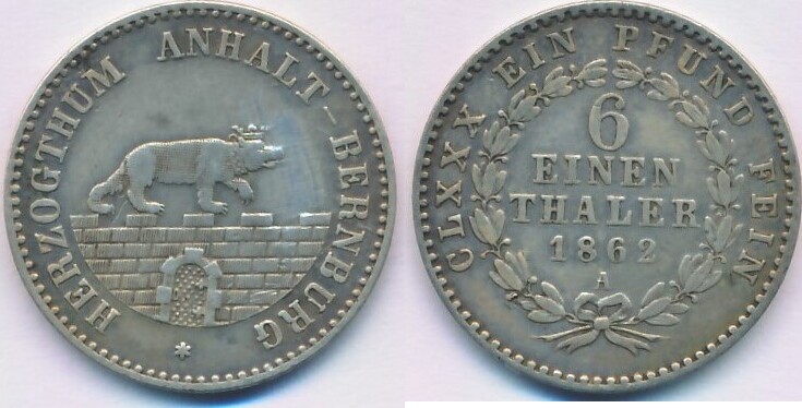 Altdeutschland 1/6 Taler Thaler 1862 A Herzogthum Anhalt-Bernburg ...