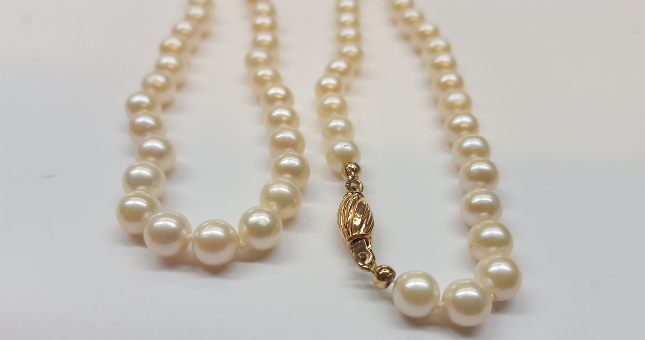 chmuck Ketten Perlenketten Vintage Perlenkette Akoya Champagner 935 Silber Verschluss punziert 60 cm 