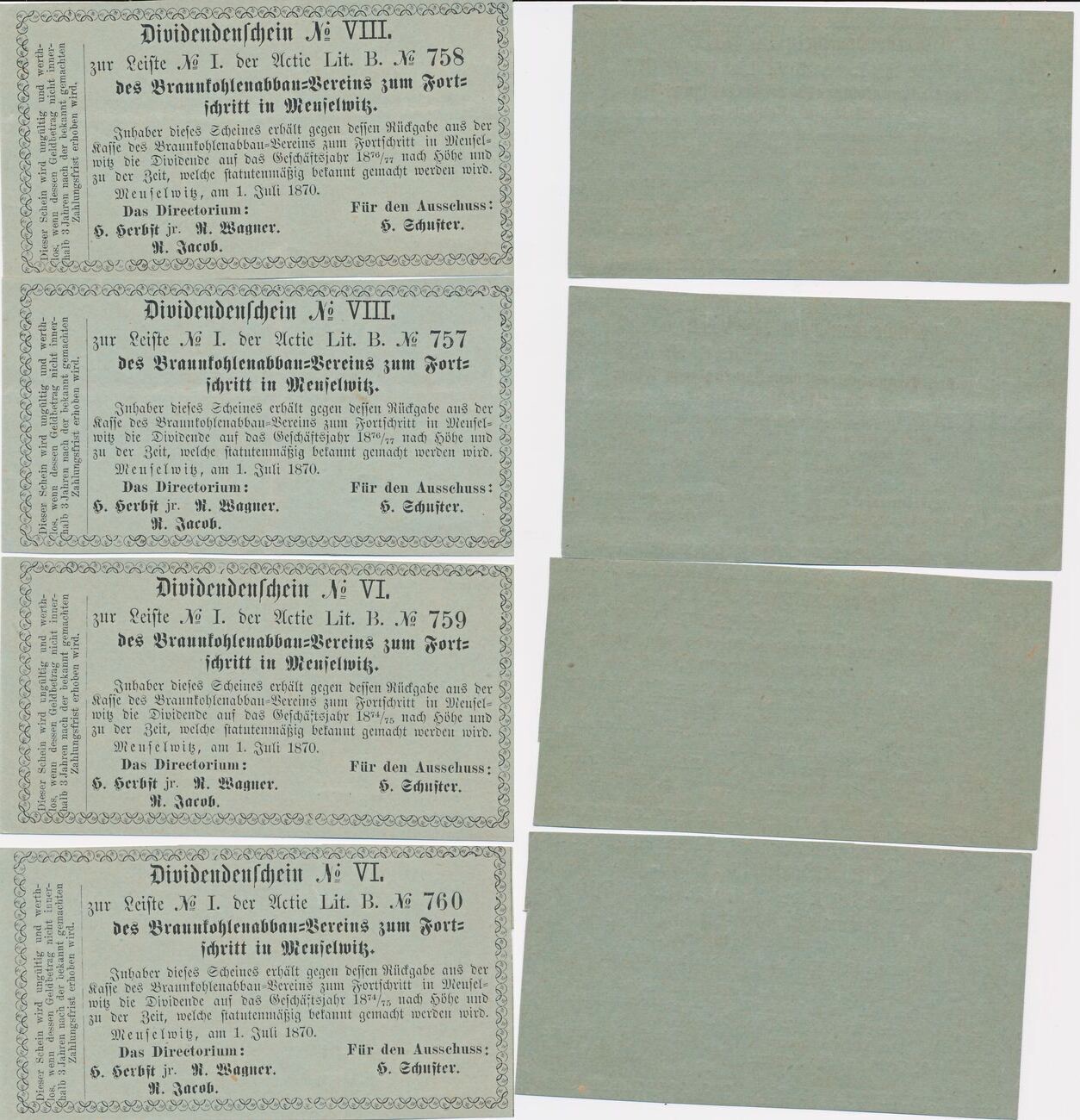 Altdeutschland 4x Dividendeschein, Bergbau 1870 Meuselwitz, Thüringen