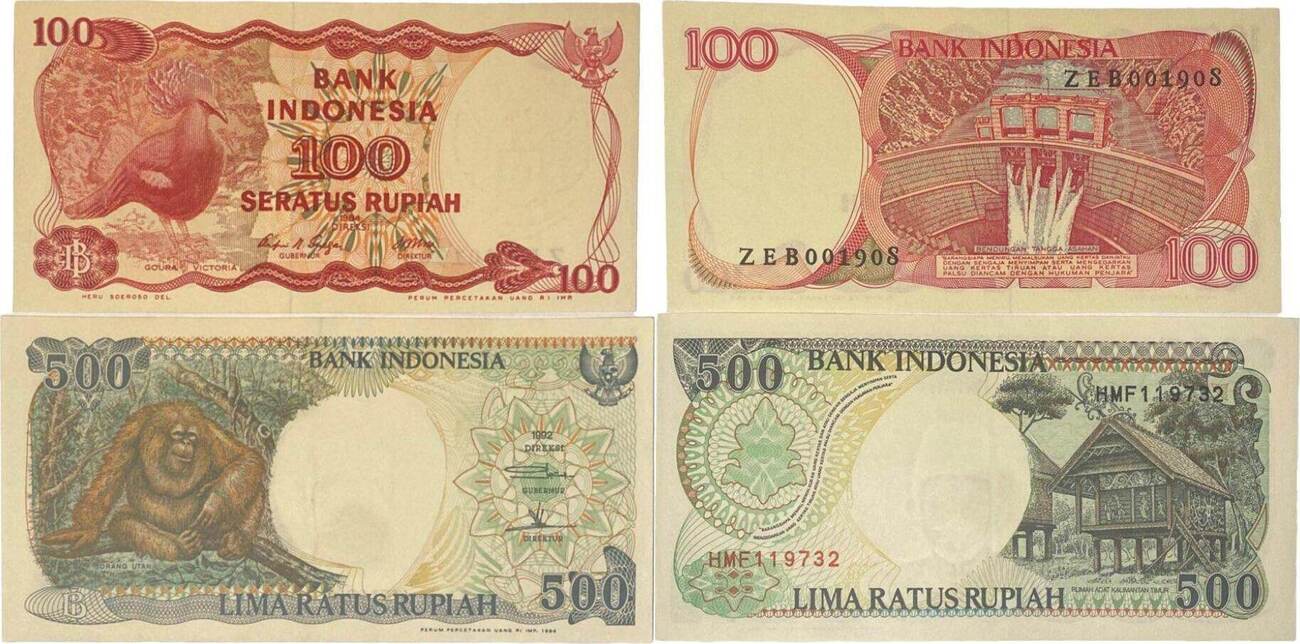 Indonesien/ Indonesia 100,500 Rupiah 1992,1984 Banknoten 2 Stück Lot I ...