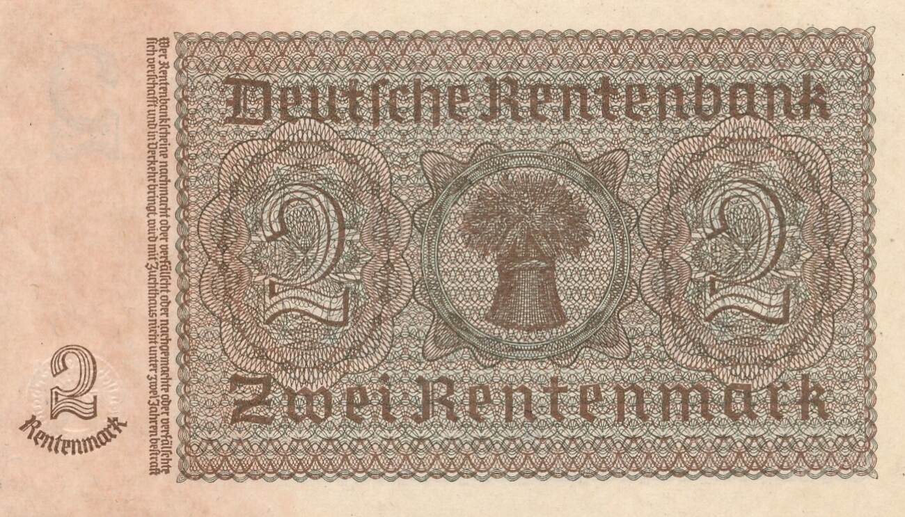 3. Reich, Deutschland, Weimarer Republik 2 Rentenmark 1938 KN 8 stellig ...