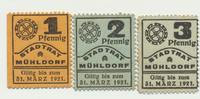 Mühldorf Notgeldscheine der Stadt 1-2-3 Pfennig, karton ähnliches Papier -