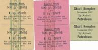 Kempten Bezugsmarken der Stadt 1/2 Anteil Petroleum 1917, 2 x für Fleisch und Wurst 1920 -