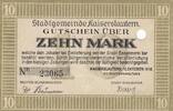 Deutschland Deutsches Reich 10 Mark Notgeldschein Notgeld Stadt Kaiserslautern Rheinland-Pfalz -