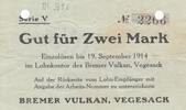 Deutschland Deutsches Reich 2 Mark Notgeld Notgeldschein Vegesack Bremer Vulkan Bremen Hannover -