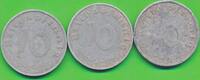 Deutschland Deutsches Reich 10 Pfennig 3 Stück Münzen Lot 3 Kursmünzen (1940-1945) mit Hakenkreuz -