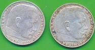 Deutschland Drittes Reich 2x 2 Reichsmark 2x Silbermünzen Lot, Hindenburg - 2 Mark m.Hakenkreuz -