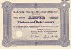 Duisburg 1000 Reichsmark Historische Aktie Gebrüder Kiefer -