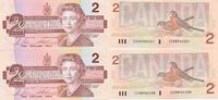 Canada 2 Dollars 2x folgende Nummern , 2 Scheine Elisabeth II. Großbritannien -