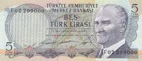 Türkei Türkiye 5 Lira 6.Emisyon 1.Tertip 5 Türk Lirasi Serie: F02209000 -