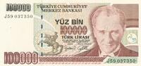 Türkei Türkiye 100000 Lira 7.Emisyon 3.Tertip Yüz Bin Türk Lirasi Serie: J59037350 -