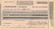 Remscheid 100 Tausend Mark Verrechnungscheck der Reichsbank, Barmer Bank-Verein -