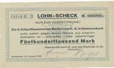 Remscheid 500 Tausend Mark Lohn-Scheck A.Schaaffhausenscher Bankverein in Gummersbach -