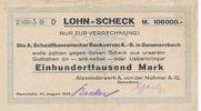 Remscheid 100 Tausend Mark Lohn-Scheck A.Schaaffhausenscher Bankverein in Gummersbach -