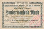 Remscheid 100 Tausend Mark Gutschein Konsum-Genossenschaft " Einigkeit " mit Stempel -