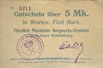 Deutschland, Deutsches Reich 5 Mark, Gutschein Waldenburg, Niederschlesien, Fürstlich Plessiche Bergwerk-Direktion zu Schloss -