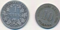 Deutschland Kaiserreich 10 Pfennig A und 1 Mark D 2 Münzen -