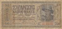 3.Reich, Ukraine, Besatzungsausgaben 2. Weltkrieg 20 Karbowanez KN: 6 stellig, Zentralnotenbanknote -