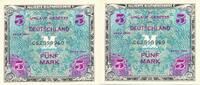 2x 5 Mark Besatzungsgeld 1944 3. Reich, Deutschland, Alliierte Besatzung US-Druck mit Geheimzeichen F, KN 9 stellig, folgende Serien Nr. unc