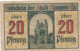 Deutsches Reich Deutschland Rheinland 20 Pfennig Notgeldschein Stadt Kempen -