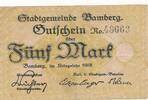 Deutsches Reich Deutschland Bayern 5 Mark Notgeldschein Stadt Bamberg -