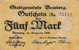 Deutsches Reich Deutschland Bayern 5 Mark Notgeldschein Stadt Bamberg -