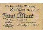 Deutsches Reich Deutschland Bayern 5 Mark Notgeldschein Stadt Bamberg -