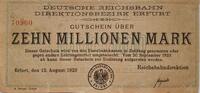 Deutschland Deutsches Reich 10 Millionen Mark Großnotgeld, Reichsbahndirektion Erfurt, Thüringen -