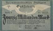 Deutschland Deutsches Reich 20 Milliarden Mark Großnotgeld, Reichsbahndirektion Stuttgart, Baden Württemberg, Reihe 2 -
