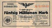 Deutsches Reich Deutschland Deutsche Reichsbahn 50 Millionen Mark Notgeldschein Reichsbahndirektionsbezirk Breslau Reichsverkehrsminister -