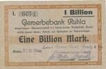 Deutsches Reich Deutschland Thüringen 1 Billion Mark Gewerbebank Ruhla -