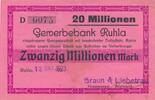Deutsches Reich Deutschland Thüringen 20 Millionen Mark Großgeldschein, Gewerbebank Ruhla, Braun & Liebetrau -
