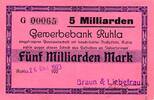 Deutsches Reich Deutschland Thüringen 5 Milliarden Mark Großgeldschein, Gewerbebank Ruhla, Braun & Liebetrau -
