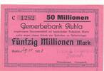 Deutsches Reich Deutschland Thüringen 50 Millionen Mark Großgeldschein, Gewerbebank Ruhla, Frank & Liebergeld -