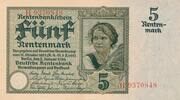 Deutsches Reich Deutschland, Weimarer Republik 5 Rentenmark Reichsdruck, KN 7stellig, Serie: B -