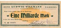 Kaiserreich Deutsches Reich Deutschland Hamburg 1 Milliarde Mark Notgeldschein Bank Ludwig Tillmann -
