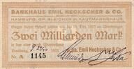 Kaiserreich Deutsches Reich Deutschland Hamburg 2 Milliarden Mark Notgeldschein Bank Emil Heckscher & Co. -