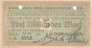 Kaiserreich Deutsches Reich Deutschland Hamburg 5 Milliarden Mark Notgeldschein Bankhaus Emil Heckscher & Co. -