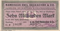 Kaiserreich Deutsches Reich Deutschland Hamburg 10 Milliarden Mark Notgeldschein Bankhaus Emil Heckscher & Co. -