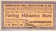 Kaiserreich Deutsches Reich Deutschland Hamburg 50 Milliarden Mark Notgeldschein Bankhaus Emil Heckscher & Co. -