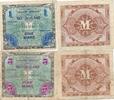 Deutschland, Alliierte Besatzung 1 und 5 Mark Geldschein Banknote 2 Stück US-Druck Besatzungsgeld KN 9stellig -