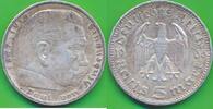 Deutschland Drittes Reich 5 Reichsmark Münze Paul von Hindenburg ohne Hakenkreuz -